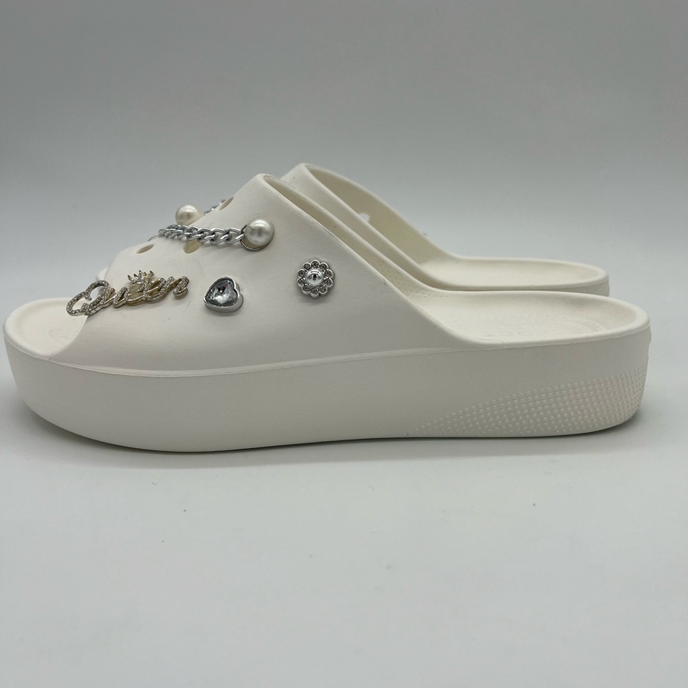 Crocs Classic White Platform Summer Slide Sandals with Silver Chain & Rhinestone - Picture 4 of 15